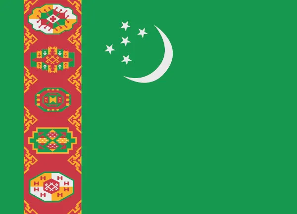 Bandeira do turcomenistão: retângulo verde com faixa representando um tapete na vertical à esquerda e lua minguante com cinco estrelas ao centro superior