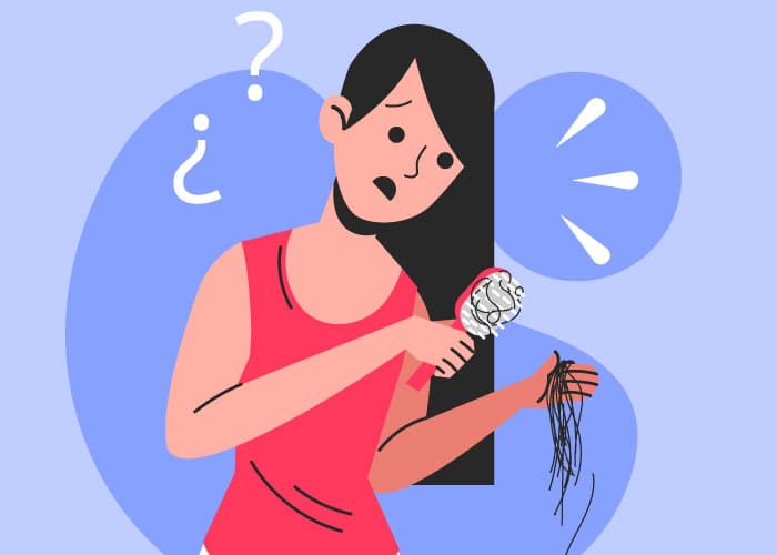 ilustracao de mulher penteando o cabelo.desanimada Queda de cabelo na gravidez: causas, tratamento e dicas para lidar com esse "probleminha".