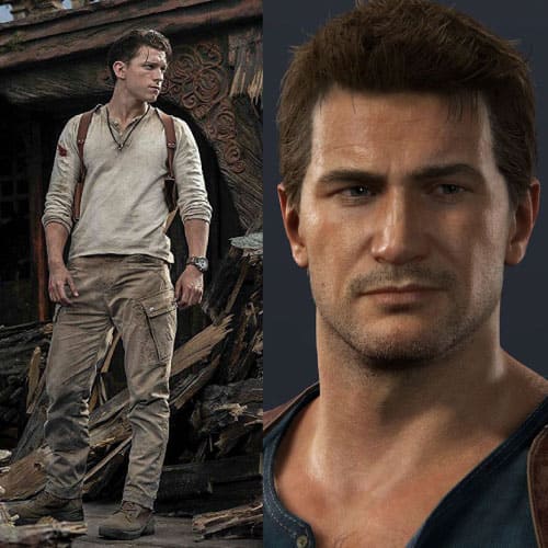 montagem mostrando o personagem Nathan Drake do lado esquerdo no papel interpretado por Tom Holland nos cinemas e à direita a personagem do video game Uncharted