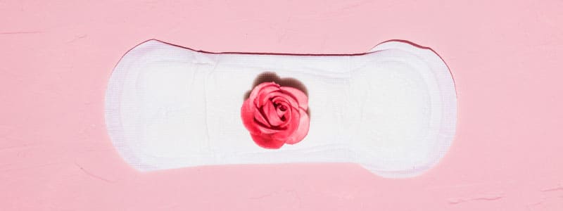 vista superior de absorvente adornado com uma rosa