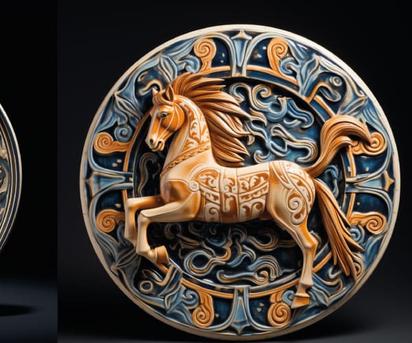 Um cavalo esculpido em uma peça de cerâmica lustrosa, representando a época Selêucida. O corpo do cavalo é adornado com desenhos circulares chamados "Gardna", simbolizando perfeição e o universo. 