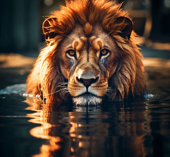 lion gazing into a crystal-clear pool of water. In the reflection, instead of its own image, we see a human silhouette, symbolizing the human's inner lion or inner strength.