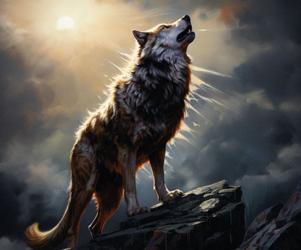 Um lobo majestoso em pé sobre um penhasco rochoso, sua pelagem iluminada pelo luar, capturando a dualidade entre a escuridão e a luz no simbolismo do lobo.