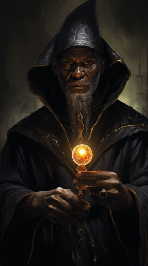 Um mago negro encapuzado conjurando um feitiço, representando o arquétipo do mago