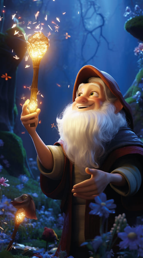 imagem de mago produzida em animação 3D, estilo Pixar, representando o arquétipo do mago