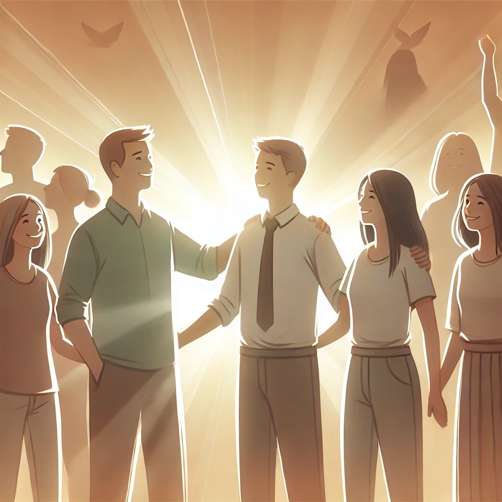 A bright and uplifting scene showing a group of people standing together smiling and supporting each other symbolizing positive relationships. The a Descubra como se proteger de vampiros Energéticos e recuperar sua vitalidade