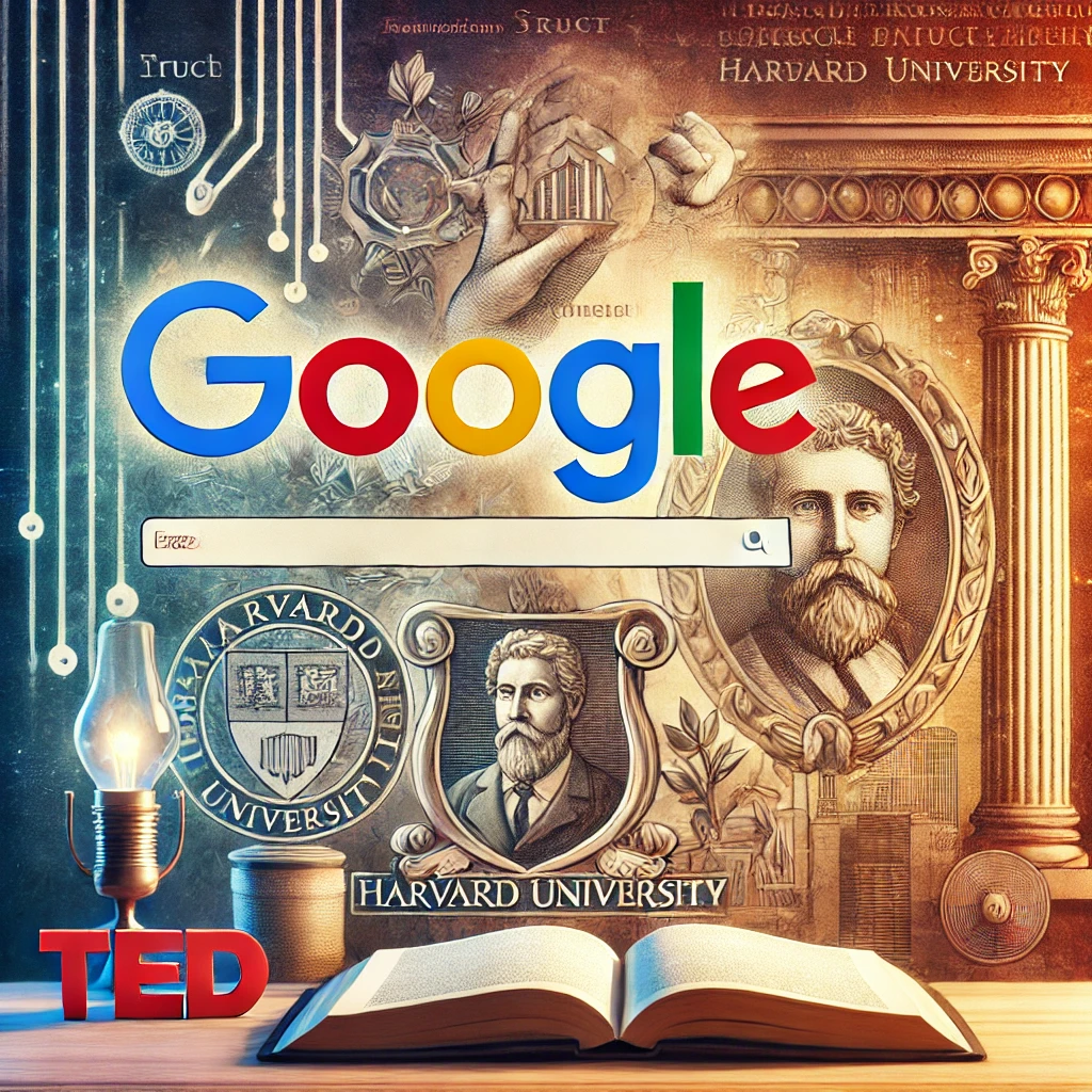 arquétipo do sábio: A collage-like scene that features symbols representing Google, Harvard University, and TED Talks, all embodying the Sage archetype. The image includes a search bar with the Google logo, a book or diploma with the Harvard crest, and a TED Talks stage or microphone. The background is a blend of academic and technological elements, with soft lighting highlighting the pursuit of knowledge and wisdom. The atmosphere is intellectual, emphasizing trust, expertise, and the sharing of information, hd quality, natural style, smooth shading.