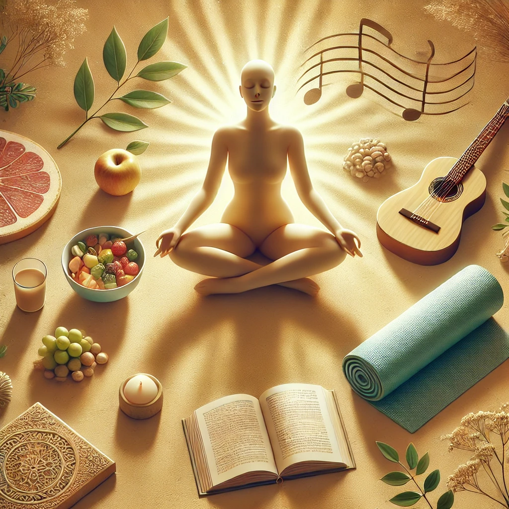 vampiros energéticos: A peaceful and uplifting scene representing self-care, with a human figure in a serene environment. Surrounding the figure are symbols of a balanced lifestyle: a plate of healthy food, a book, musical notes, a yoga mat, and a meditation cushion. The figure is relaxed and content, with warm, natural light highlighting the connection between body, mind, and spirit. The colors are soft and calming, emphasizing the importance of self-care and emotional balance, hd quality, natural style, smooth shading.