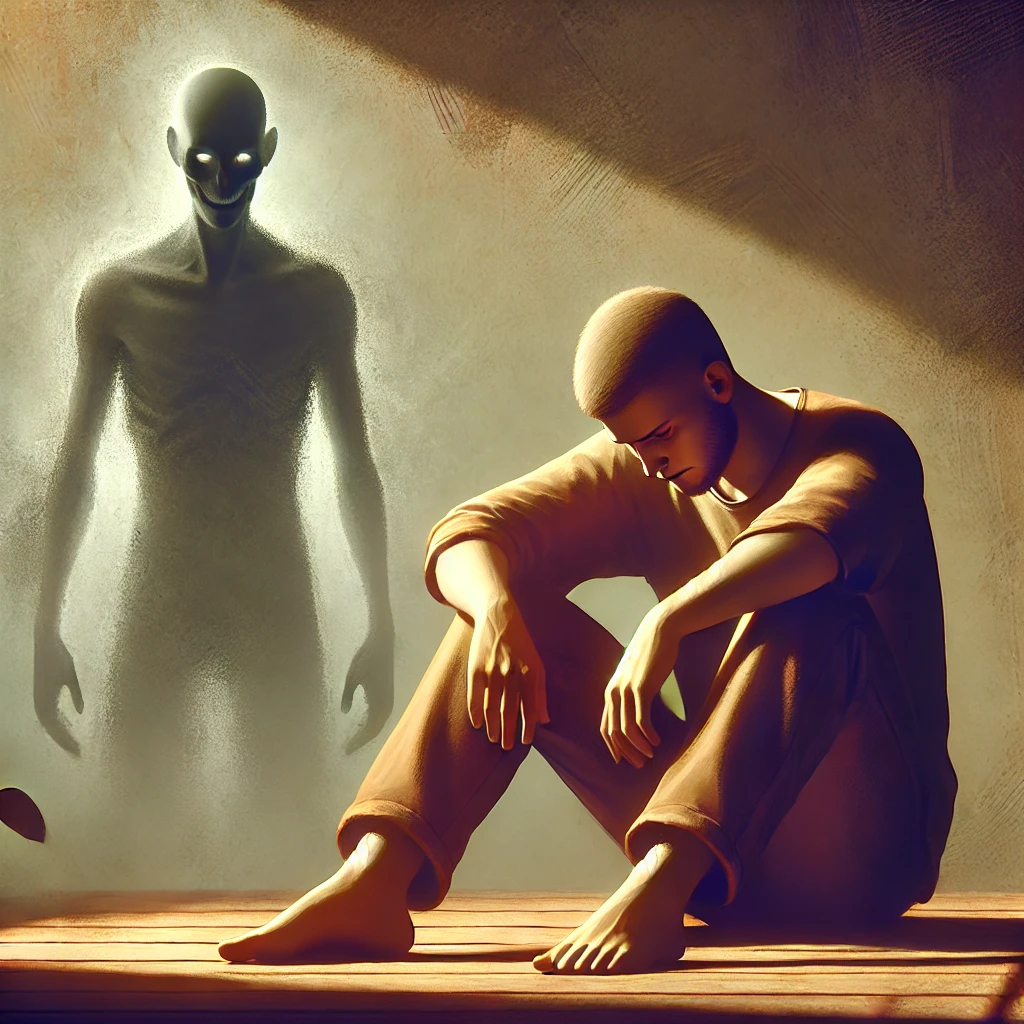 vampiros energéticos: A scene depicting a human figure sitting with a tired and drained expression, surrounded by a subtle shadowy figure representing an energy vampire. The human figure appears emotionally and physically exhausted, with their posture slumped, symbolizing the draining effects on their well-being. The atmosphere conveys a sense of stress and anxiety, with muted colors and soft lighting, emphasizing the toll on mental and emotional health, hd quality, natural style, smooth shading.