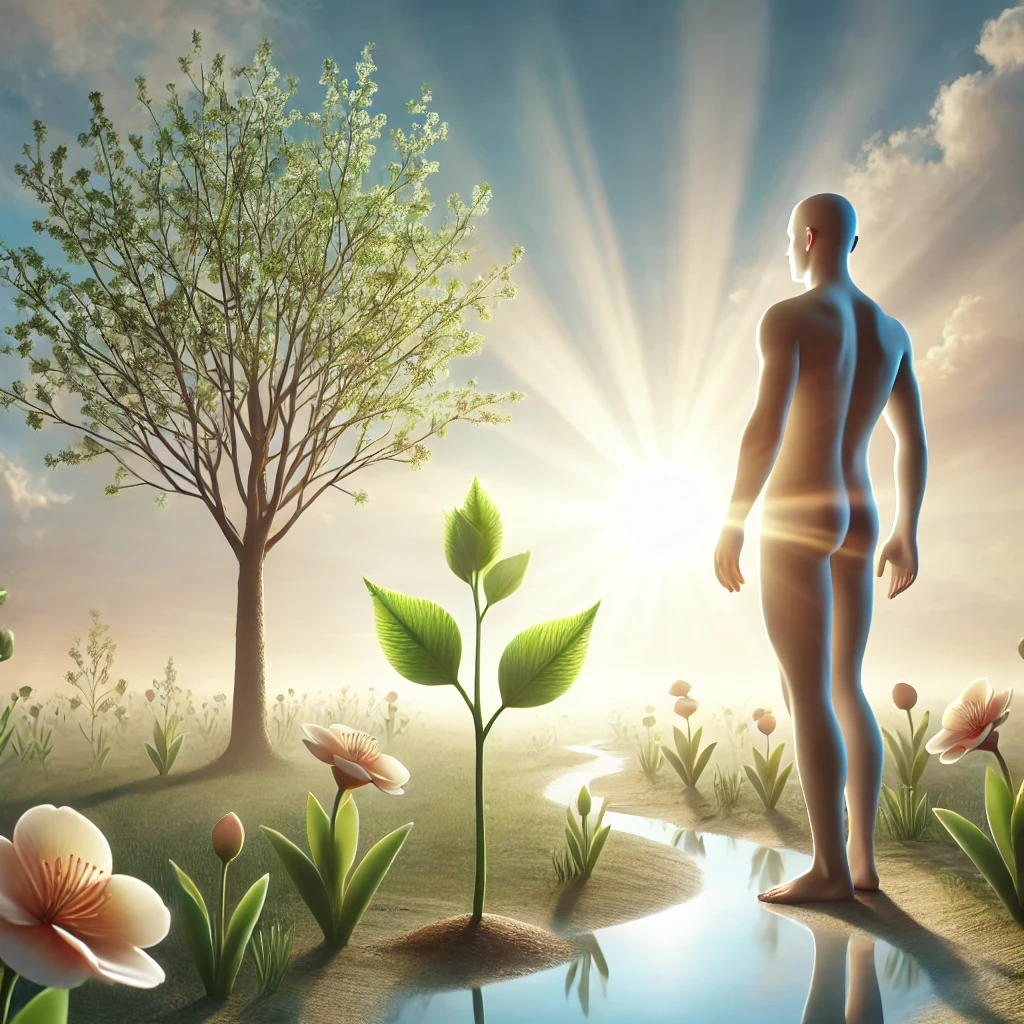 arquetipo do inocente: A serene human figure standing in a peaceful natural setting, near a young tree and surrounded by blooming flowers, representing growth and transformation. The figure looks towards the horizon with an expression of hope and trust, under a clear sky with soft sunlight. The image emphasizes resilience, optimism, and the belief in inherent goodness, hd quality, natural style, soft lighting, smooth shading, simplicity, focus on hope and purity.