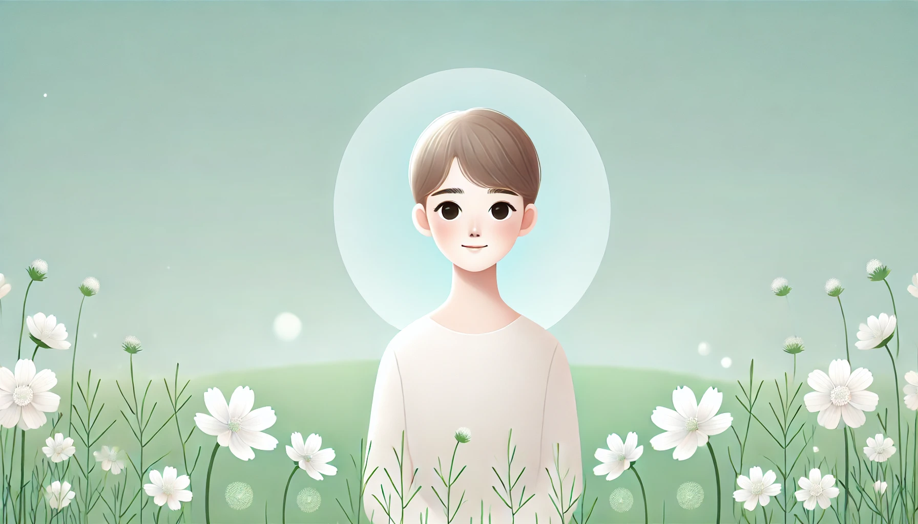 A serene young figure with a calm expression standing in the middle of a light green field, surrounded by delicate white flowers. The background is simple, with a soft blue sky, symbolizing purity and hope. The figure is in a posture of lightness and openness, suggesting innocence and trust, natural style, hd quality, soft lighting, smooth shading, focus on simplicity and purity.