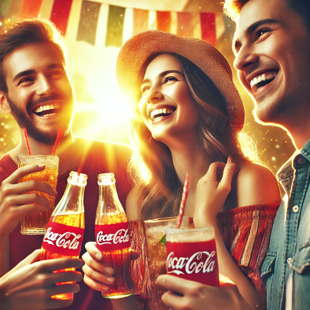 arquétipo do inocente: A vibrant and joyful scene of people sharing a happy moment together, holding drinks, and smiling in a relaxed outdoor setting. The atmosphere is warm and inviting, with bright colors and soft sunlight, evoking feelings of happiness, unity, and optimism. Inspired by Coca-Cola campaigns, natural style, hd quality, soft lighting, smooth shading, focus on joy and connection.