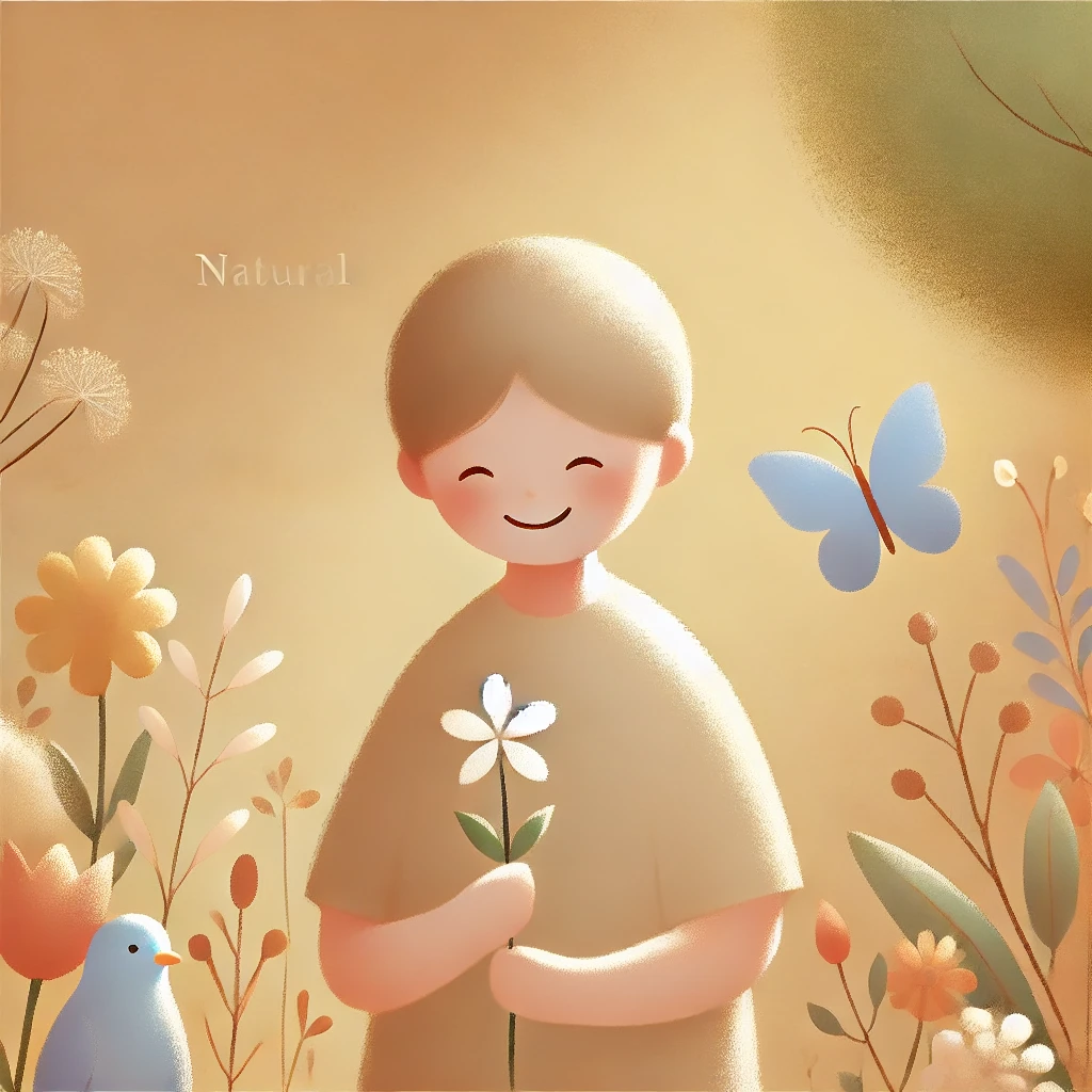 arquetipo do inocente: A warm and inviting scene with a smiling figure in a simple, natural setting, surrounded by soft colors like light pastels. The figure is engaged in a simple activity that represents happiness and optimism, such as holding flowers or playing in a field. The overall atmosphere conveys a sense of safety, trust, and innocence, with subtle hints of responsibility and social engagement, natural style, hd quality, soft lighting, smooth shading, focus on simplicity and emotional connection.