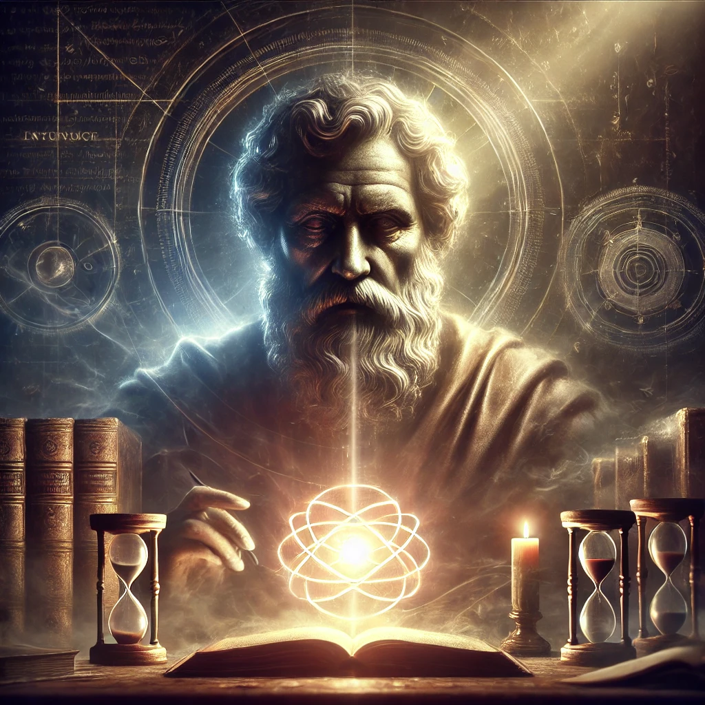 arquétipo do sábio: A wise figure deeply focused, surrounded by symbols of knowledge such as books, scrolls, or a glowing orb, in a dimly lit study or library setting. The figure’s expression is intense and thoughtful, evoking a deep pursuit of truth. Subtle beams of light illuminate the scene, symbolizing the unveiling of deeper truths. The atmosphere is serious and intellectual, with an emphasis on logic and the pursuit of understanding, hd quality, natural style, soft lighting, smooth shading.