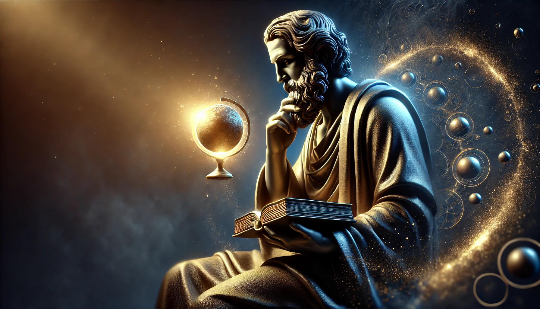 Arquétipo do Sábio: A wise figure in a contemplative pose, holding or surrounded by symbols of knowledge such as books or a globe, with a dark background highlighting the figure with soft lighting. The image uses deep blue and gold colors to evoke wisdom, logic, and the seriousness of the archetype. The atmosphere is calm, intellectual, and focused on the pursuit of truth and knowledge, hd quality, natural style, smooth shading.