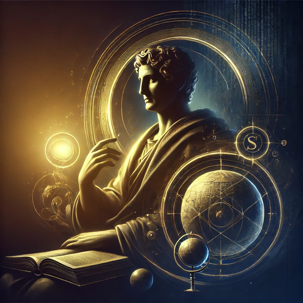 arquétipo do sábio: A wise figure in a contemplative pose, holding or surrounded by symbols of knowledge such as books or a globe, with a dark background highlighting the figure with soft lighting. The image uses deep blue and gold colors to evoke wisdom, logic, and the seriousness of the archetype. The atmosphere is calm, intellectual, and focused on the pursuit of truth and knowledge, hd quality, natural style, smooth shading.