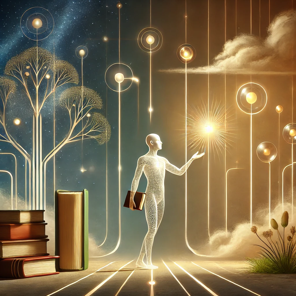 arquétipo do sábio: A wise figure standing in a calm setting, surrounded by different sources of knowledge like books, glowing orbs, and branching paths. The figure is in a thoughtful pose, with one hand resting on a stack of books and the other reaching towards a glowing light, symbolizing openness to new ideas and perspectives. The background features softly lit paths that diverge and converge, representing the balance between logic and reconsidering preconceived notions, hd quality, natural style, smooth shading.