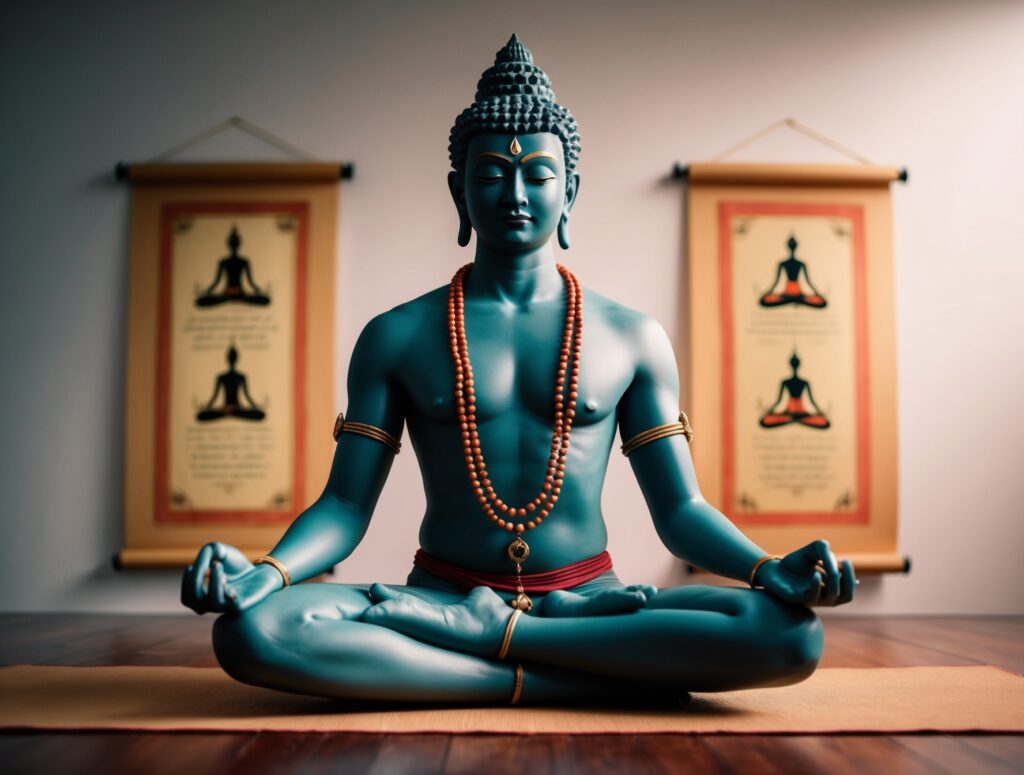 Uma representação artística de Patanjali, considerado o pai do yoga, sentado em uma pose de meditação. Ao fundo os Yoga Sutras e representações estilizadas de seus ensinamentos.