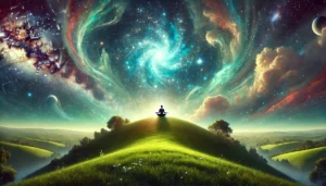 A serene and mystical landscape representing the concept of co-creation. A person in a meditative pose on a lush, green hill under a vast and expansive starry sky.