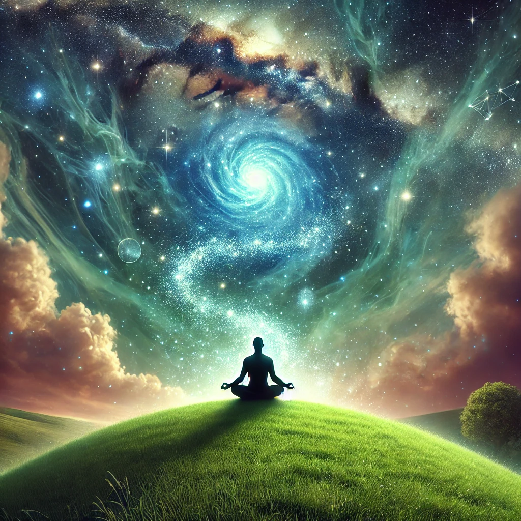 A serene and mystical image illustrating the concept of co-creation. A person sitting in a meditative pose on a lush, green hill under a vast starry sky. The person is surrounded by a gentle glow, symbolizing their energy connecting with the universe.