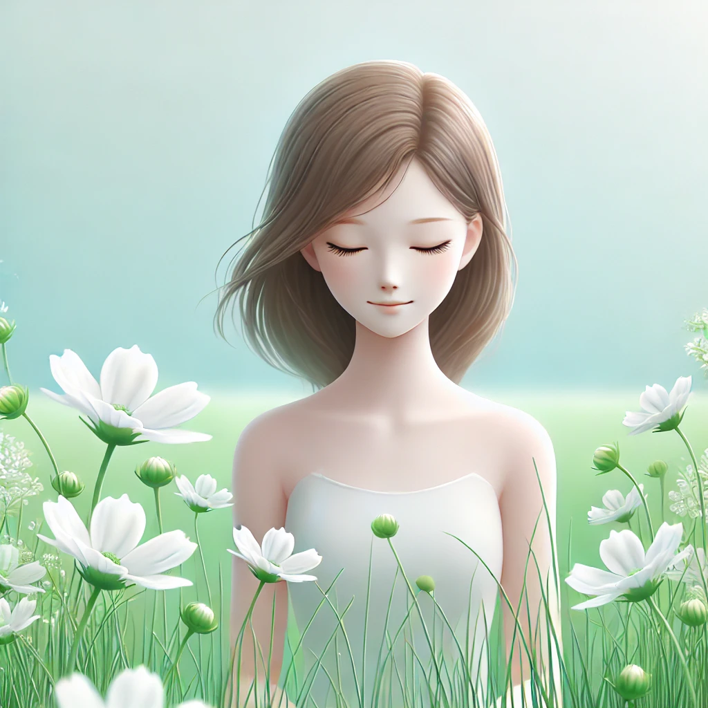 A serene young figure with a calm expression standing in the middle of a light green field, surrounded by delicate white flowers. The background is simple, with a soft blue sky, symbolizing purity and hope. The figure is in a posture of lightness and openness, suggesting innocence and trust, natural style, hd quality, soft lighting, smooth shading, focus on simplicity and purity.