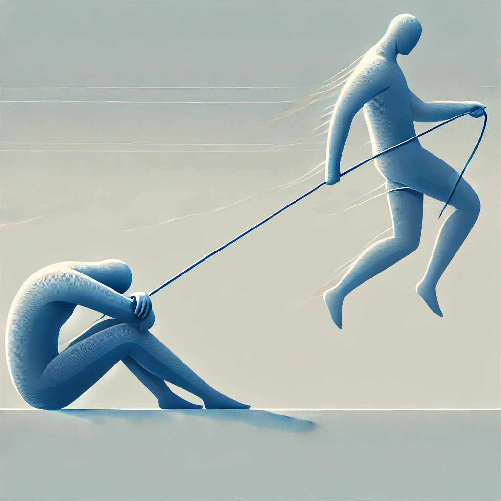 DALL·E 2024 08 14 18.38.53 A minimalist stylized illustration of two human figures in a position of emotional dependence. One figure is pulling an invisible string that connect Dependência Emocional nas Amizades: Como ela Impacta na Saúde Emocional