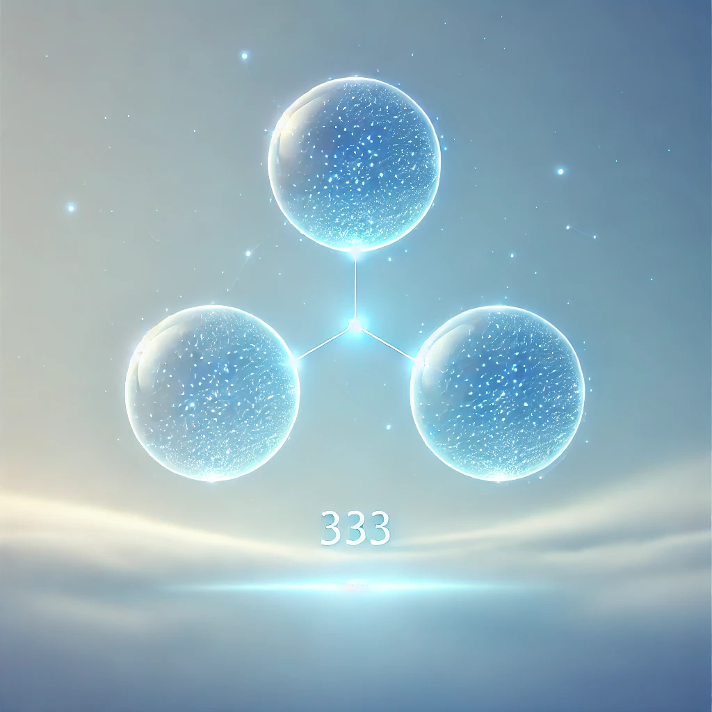 DALL·E 2024 09 24 16.45.56 Three soft glowing blue circles connected and floating gently in a smooth light blue sky background representing the energy of the number 333 and it Descubra o Verdadeiro Significado do 333 na Lei da Atração