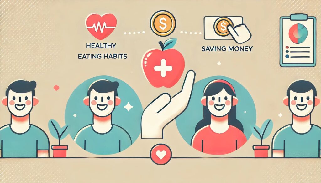 Uma ilustração minimalista mostrando três ícones principais: uma maçã representando hábitos alimentares saudáveis, uma mão segurando uma moeda simbolizando economia de dinheiro, e três pessoas sorrindo simbolizando socialização e felicidade. O fundo é de uma cor clara e suave, criando um ambiente acolhedor e positivo.