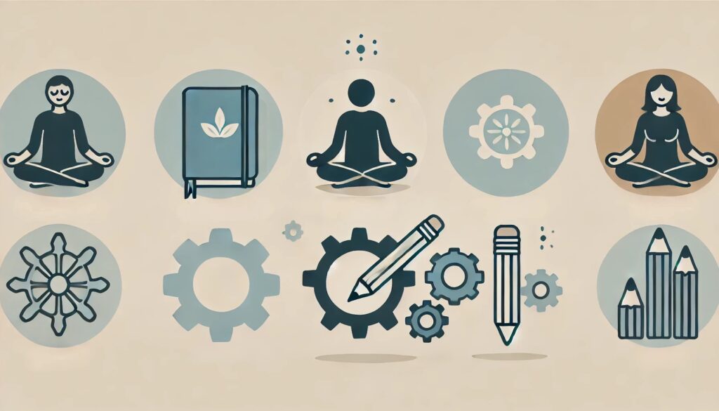 Uma ilustração minimalista mostrando três ícones principais: uma pessoa meditando simbolizando a prática da meditação, um caderno e um lápis representando escrever ou desenhar como hobby, e uma roda de engrenagens simbolizando várias técnicas de gestão emocional. O fundo é de uma cor clara e suave, criando um ambiente positivo e equilibrado.
