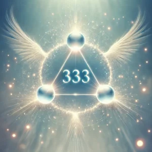 Three glowing orbs forming a triangle representing the number 333 and its spiritual connection. A soft light surrounds the orbs symbolizing angelic Portal Entropia