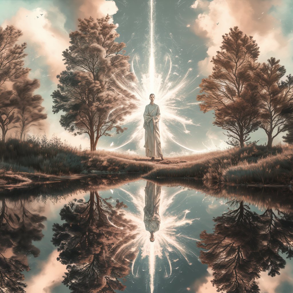 imagem ilustra o princípio do espelho: uma figura em pé com uma aura radiante de energia, refletindo em uma paisagem serena com árvores e céu. O contraste entre a figura energética e a cena natural calma simboliza pensamentos e emoções internas moldando o mundo externo. Cores suaves e tons luminosos evocam o conceito de energia influenciando a realidade física.